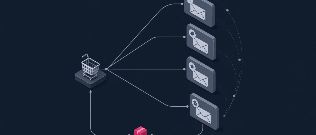 Four automated email paths branch from a Shopify cart node, one highlighted as it loops back to a repeat order.