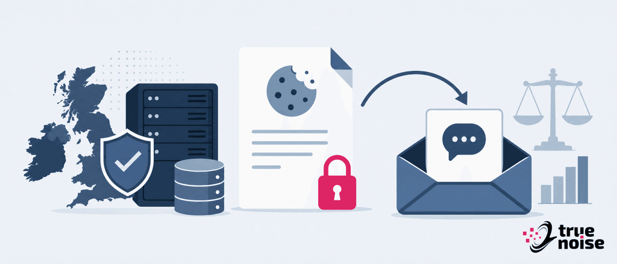 A UK map, data servers and a locked cookie policy, with a complaint envelope routed towards legal scales and charts.