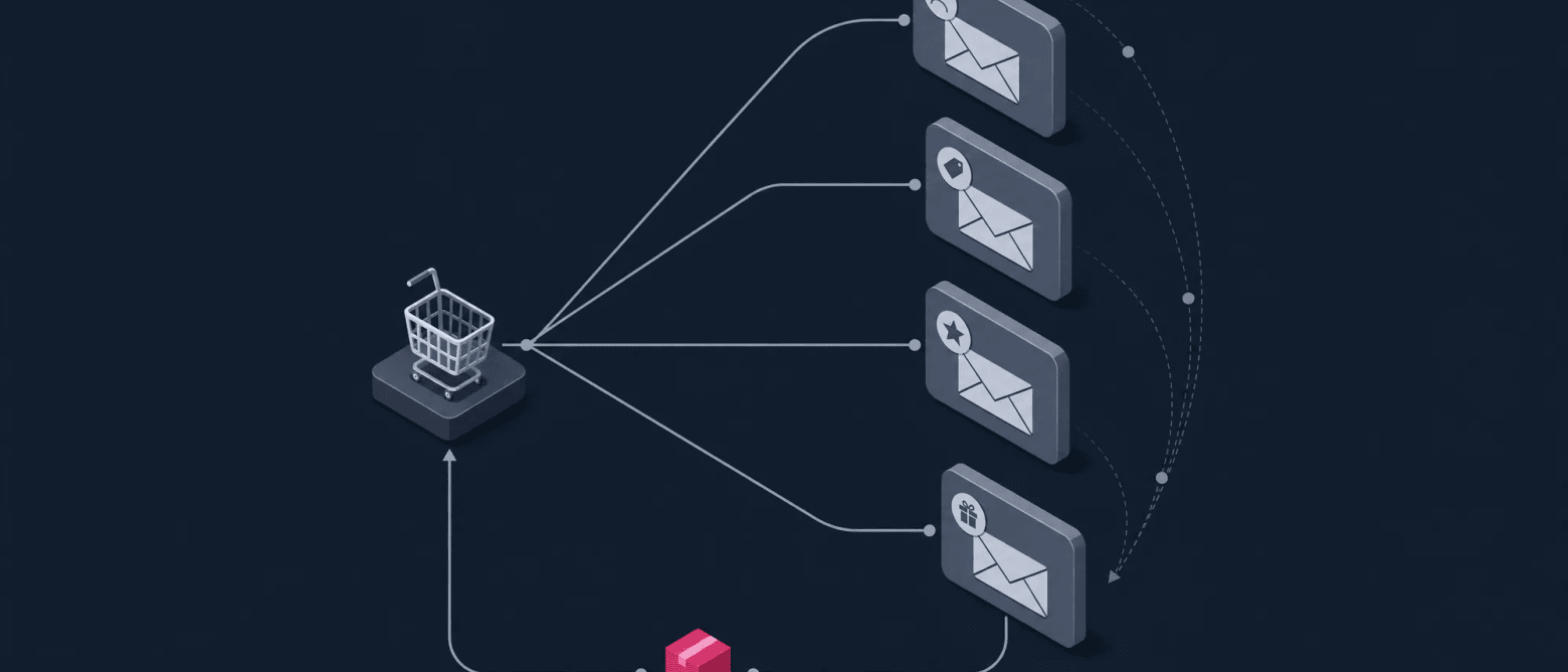 Four automated email paths branch from a Shopify cart node, one highlighted as it loops back to a repeat order.
