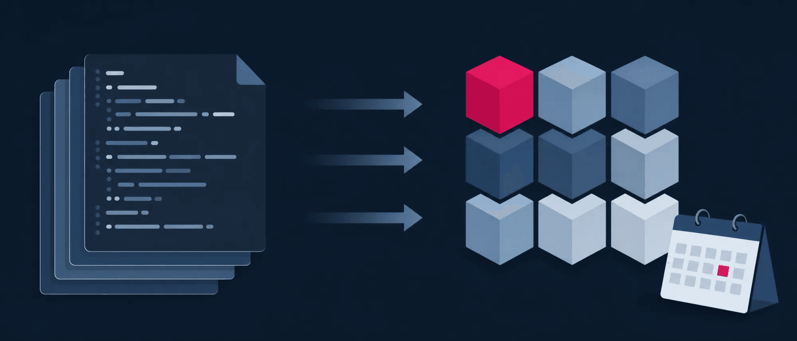 Stacked code files migrating along arrows into a grid of modules, one highlighted, beside a deadline calendar.