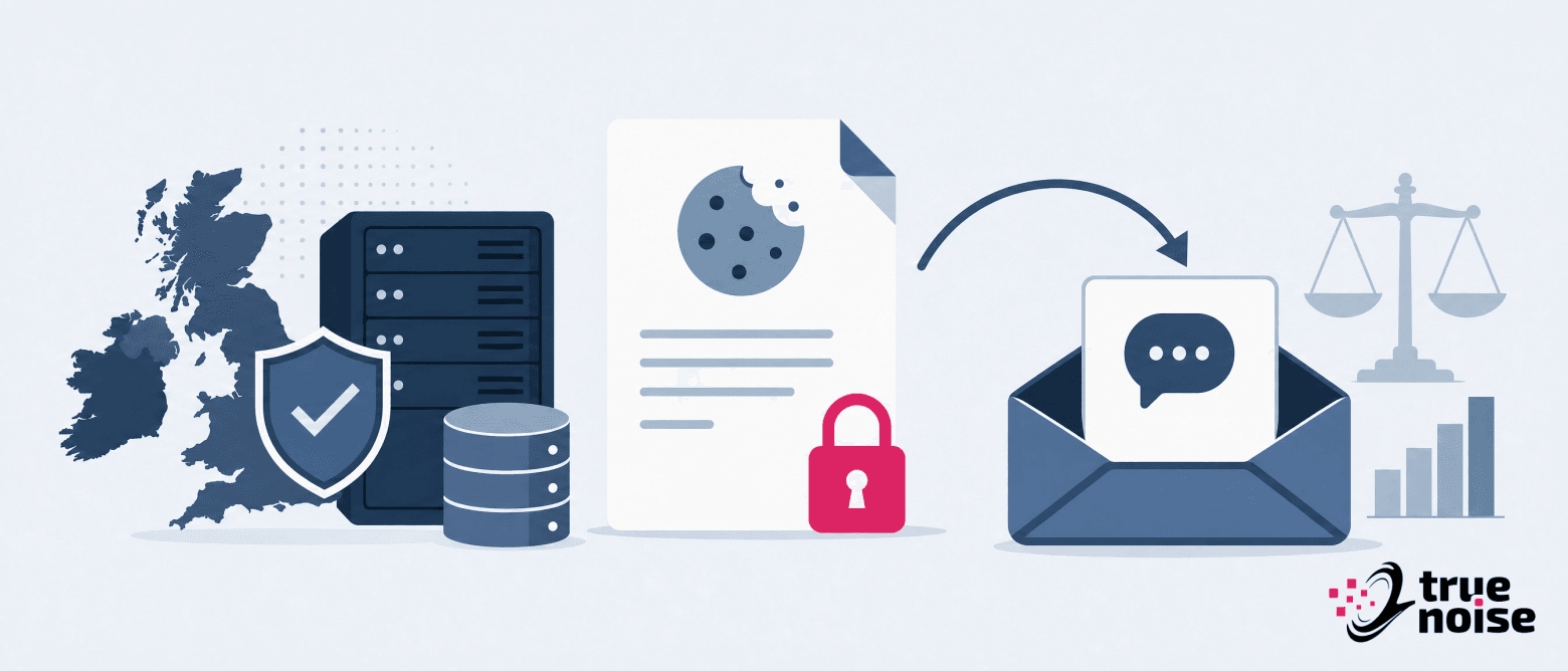 A UK map, data servers and a locked cookie policy, with a complaint envelope routed towards legal scales and charts.