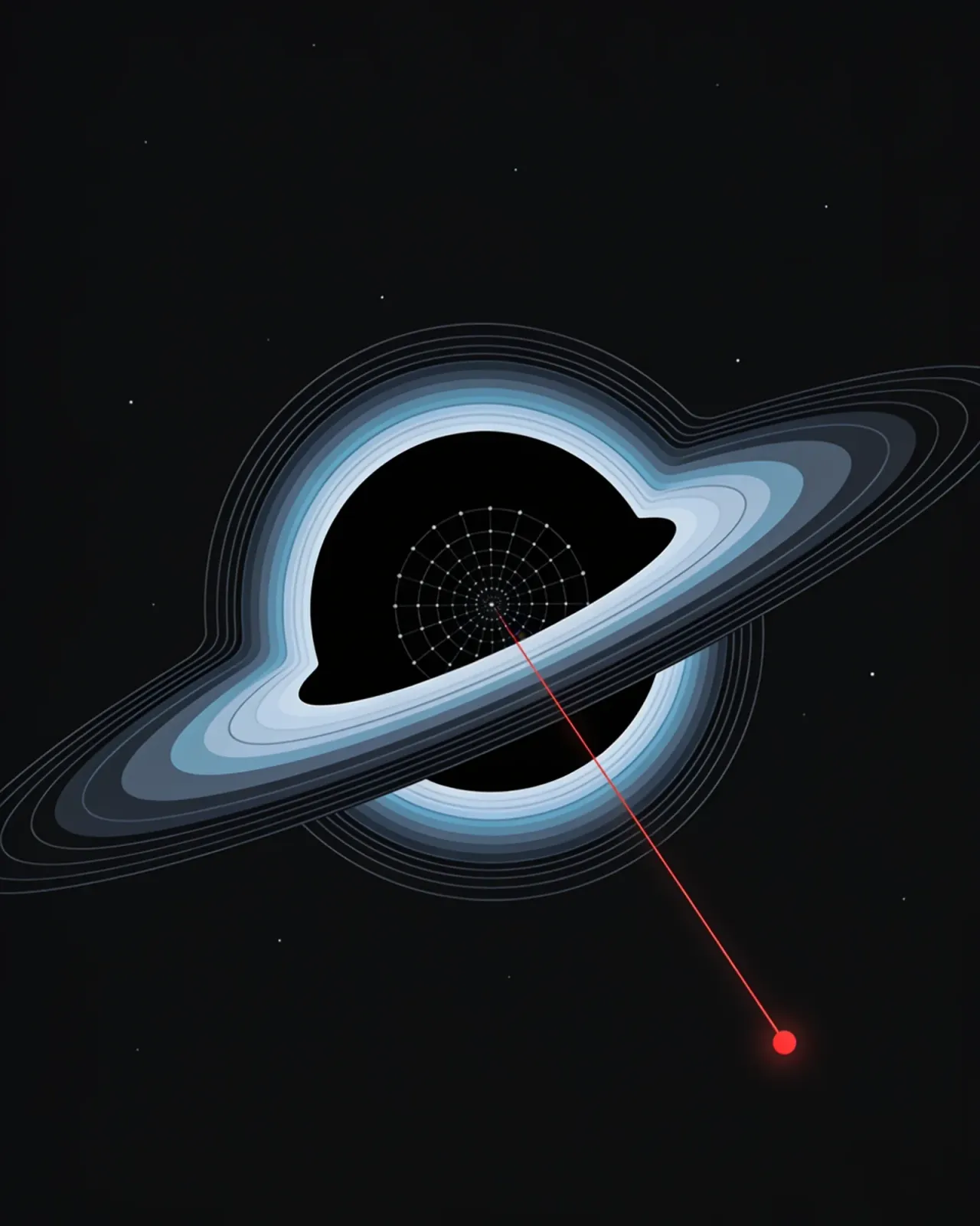 A schematic black hole drawing matter inward through blue-grey accretion rings, with a single Signal-crimson particle escaping the event horizon.