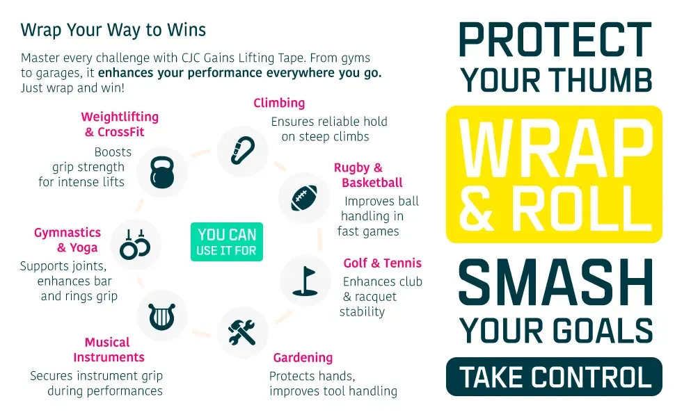 Infographic of custom icons showing the tape in use across weightlifting, gymnastics, climbing and other sports