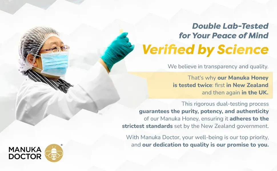 Laboratory module showing a scientist at work with dual-testing certification badges