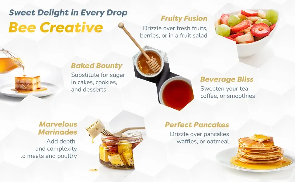 Culinary module with food photography of pancakes, fruit salad, drinks and marinades under the headline Bee Creative