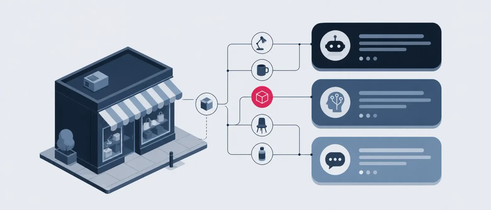 A shop's products flowing along connecting lines into three AI chat-assistant panels, with one product node highlighted.