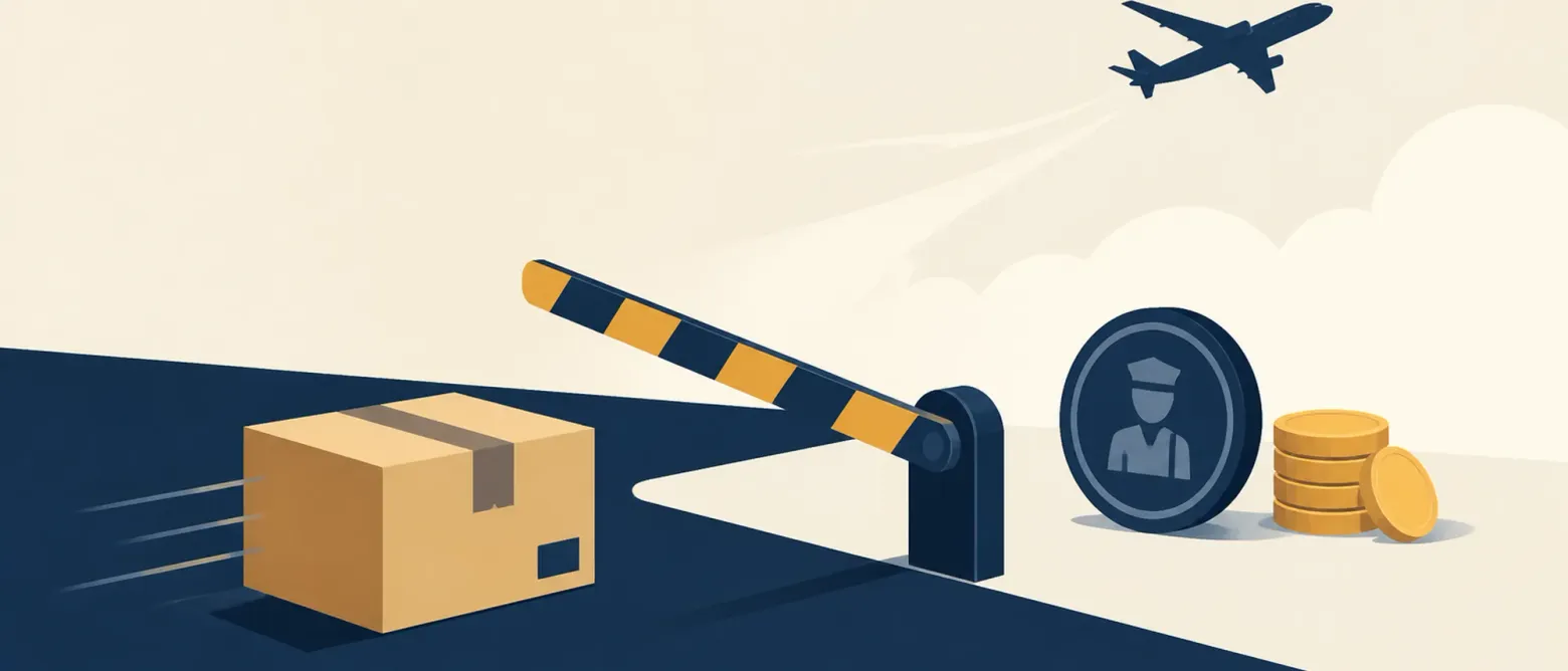 A parcel crossing a border checkpoint barrier towards a customs stamp and a stack of coin discs, with an aeroplane silhouette above.