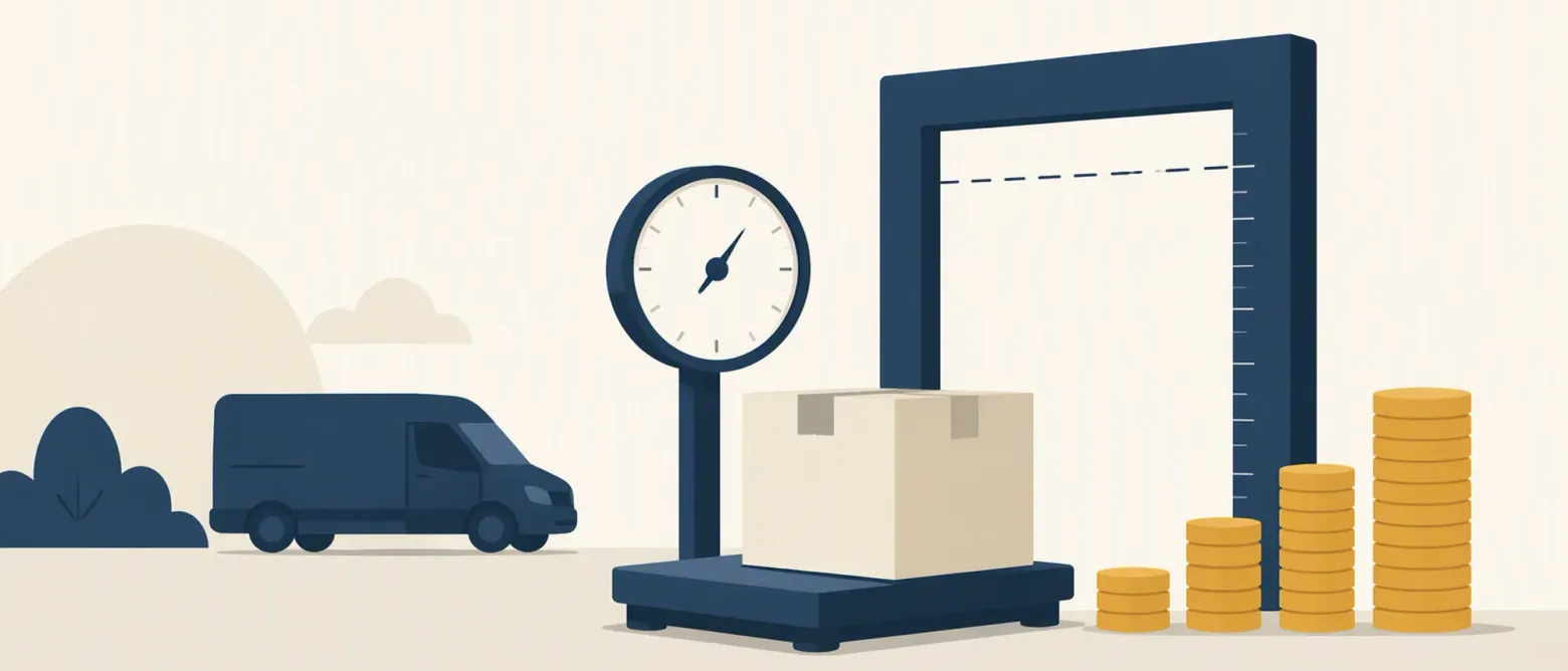 A parcel on a weighing scale beside an oversized measuring frame, with a rising stack of coin discs and a delivery van silhouette behind.