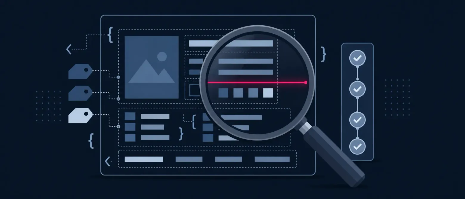 A product page passing under a magnifier that scans its structured-data tags, with a checklist ticking off beside it.