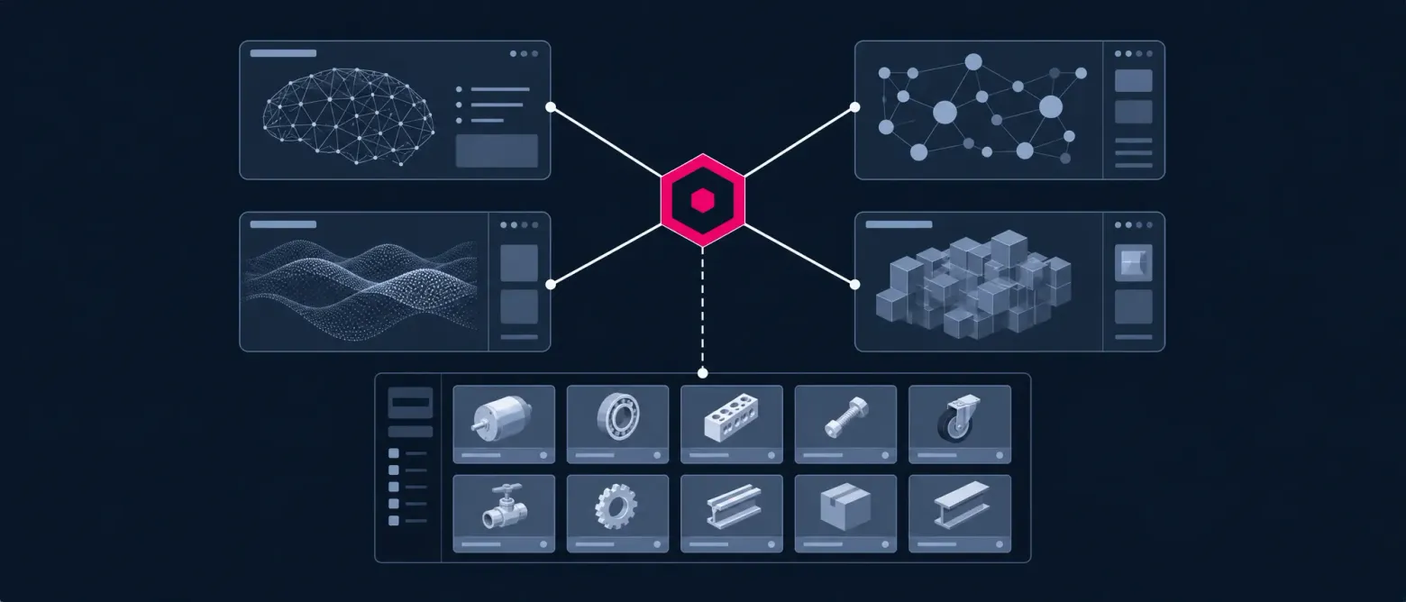 A central product catalogue inside an archway, fanning products out to four AI assistant panels above a product strip.