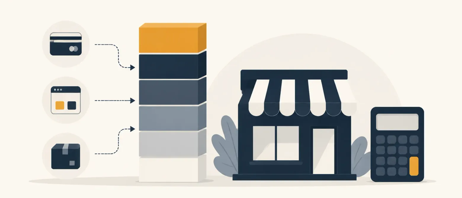 A stacked bar of cost segments beside a shop-front glyph, fed by icons for a card, an app tile and a delivery box, with a calculator alongside.
