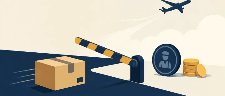 A parcel crossing a border checkpoint barrier towards a customs stamp and a stack of coin discs, with an aeroplane silhouette above.
