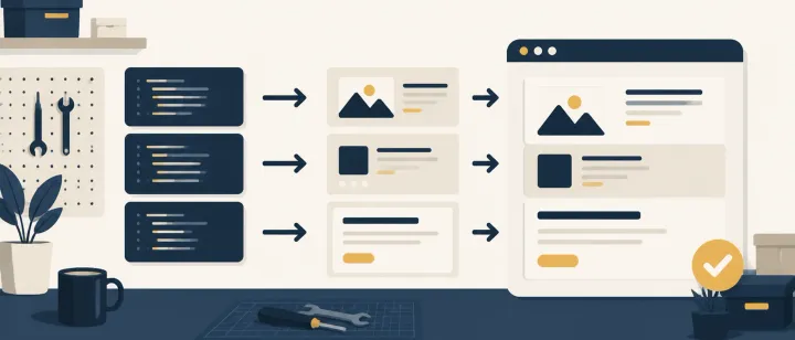 Three columns of code blocks flowing along arrows into modular blocks slotted inside a browser window frame, on a workbench with a tick badge at the end.